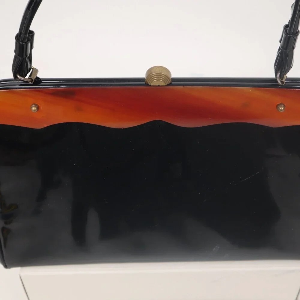 ❄️ Vtg 60's Verdi Black Patent Leather Tortoise Handbag Purse Satchel Acrylic